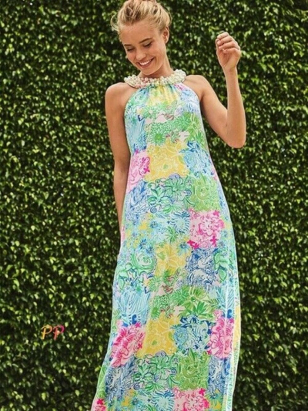 Lilly Pulitzer Shawn Maxi dress tunic beaded Pearl Cheek To Cheek Patchwork XXS